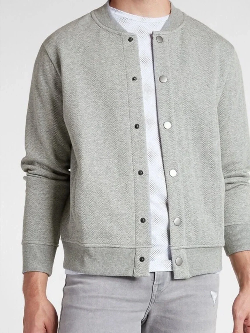 Express Bomber Sweatshirt Jacket Men’s S Gray Textured Knit Varsity Quiet Luxury
